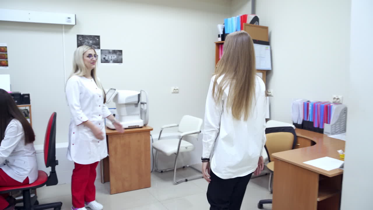 Doctor inviting to office. Female doctor inviting patient to medical office