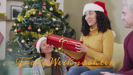 Animación-Del-Texto-De-Frohe-Weihnachten-Contra-Una-Mujer-Birracial-Que-Da-Regalos-De-Navidad-A-Su-Familia