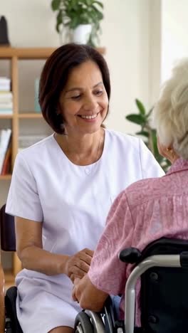 female elderly caregiver next to an senior woman in a wheelchair in a nursing home.
