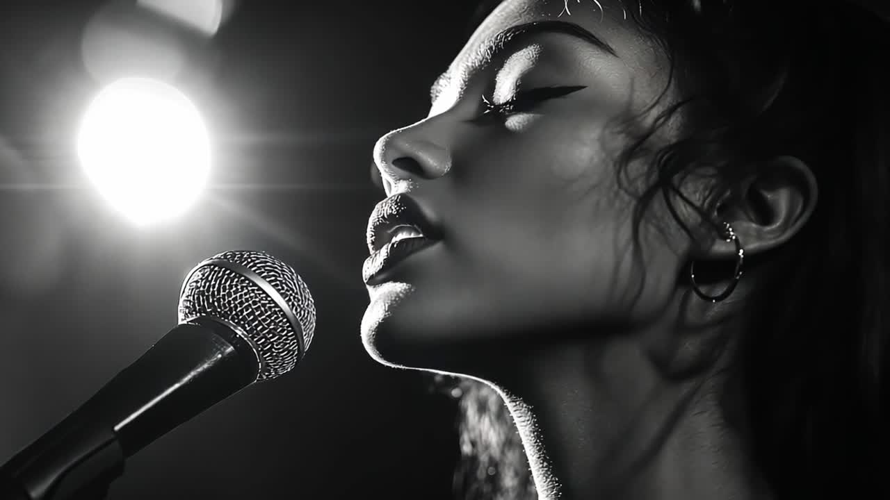 Chanteur se produisant avec un microphone en noir et blanc