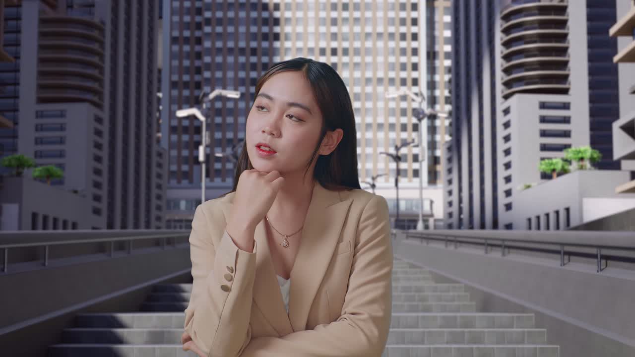 아시아의 사업가 여성이 무언가를 생각하고 도시 거리를 둘러보고 있습니다.