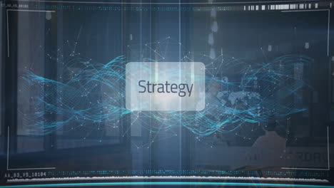 colleagues presenting business strategy in office, featuring floating data waves and node graphics