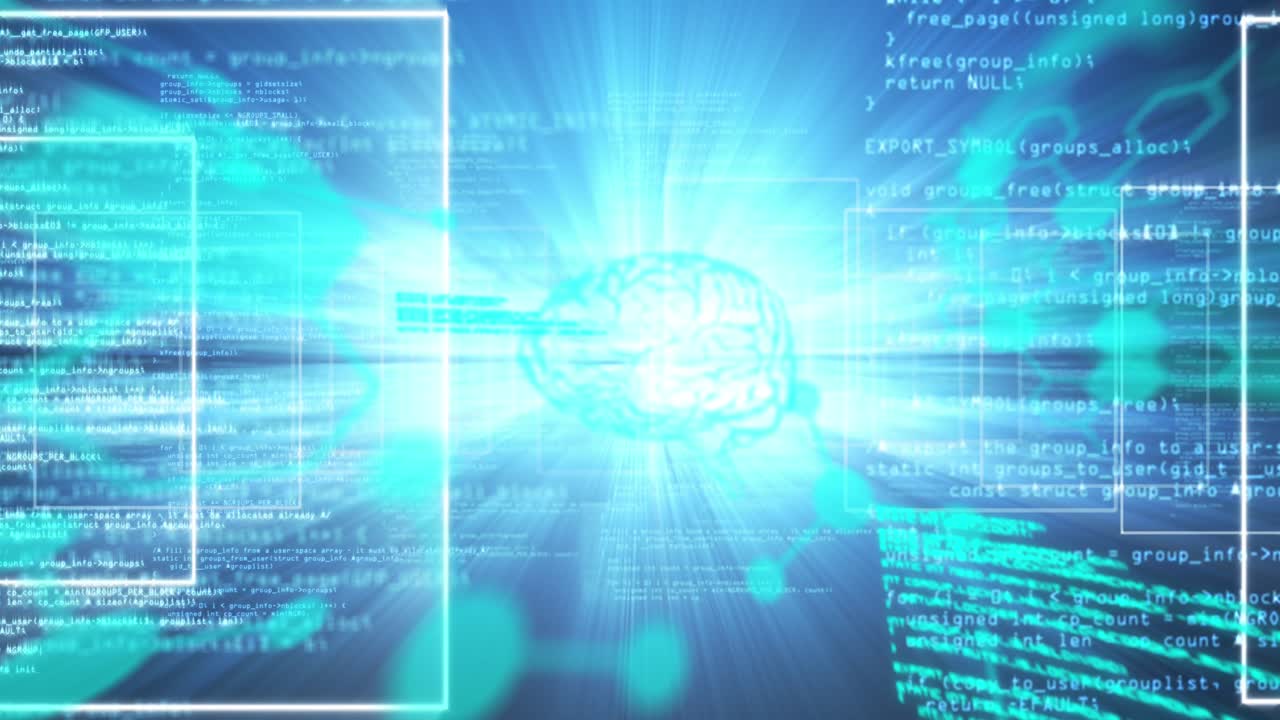 Animation of data processing on screens over blue background