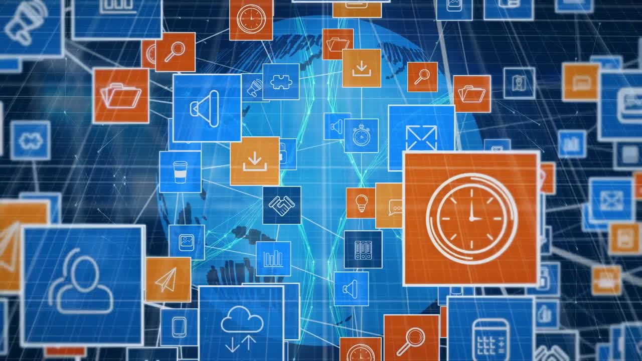 animación de iconos de medios y globo sobre fondo azul