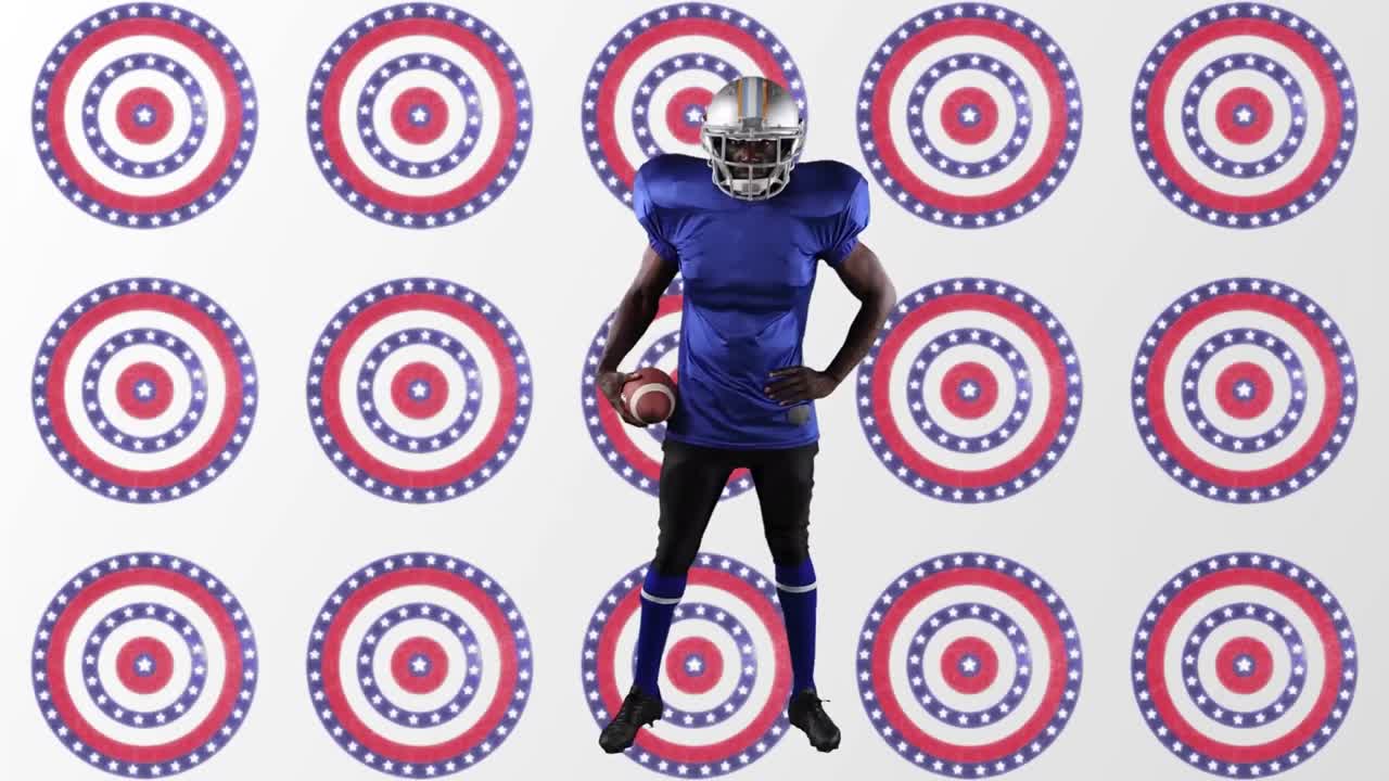 jugador de rugby afroamericano sosteniendo una pelota de pie contra múltiples estrellas en círculos giratorios