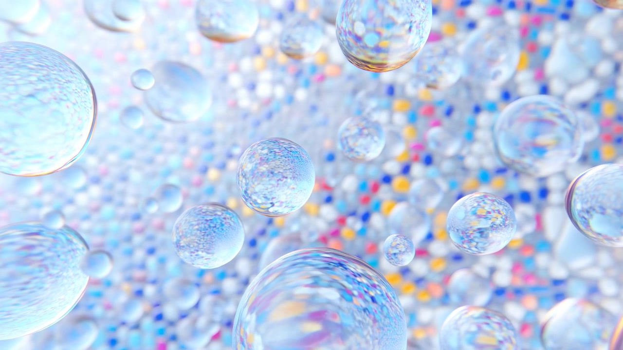 Iridescent Floating Bubbles Over Pastel Mosaic, Delicate Transparent Spheres Drifting Across Softfocus