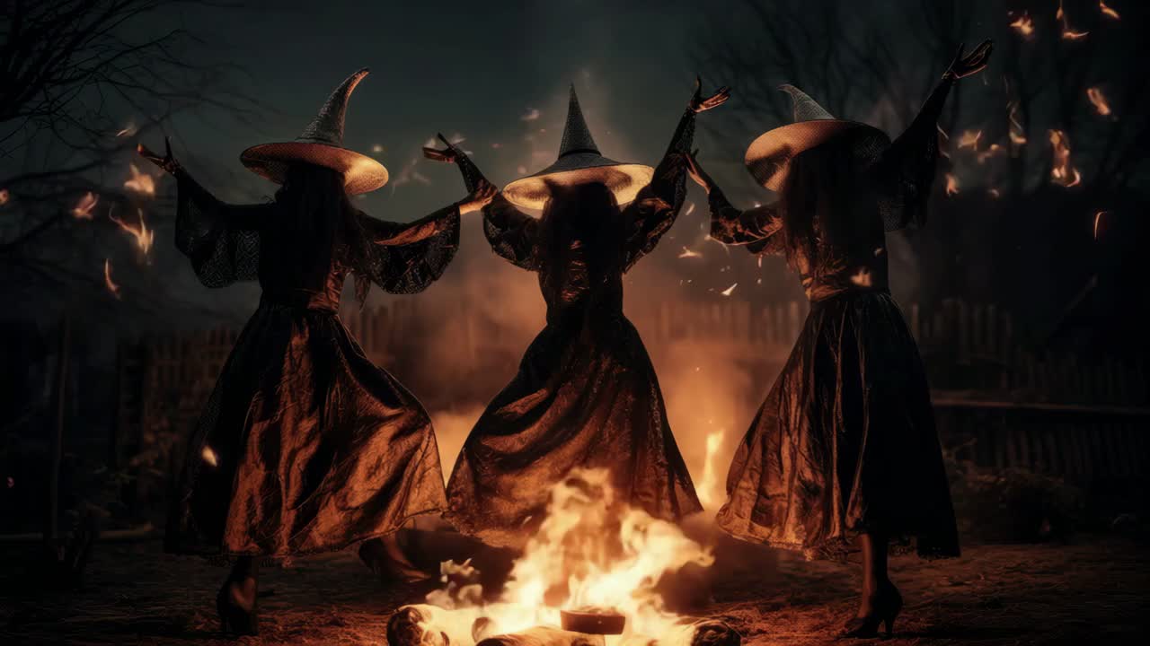 Three witches in dark robes dance around a fire, captured from a low angle