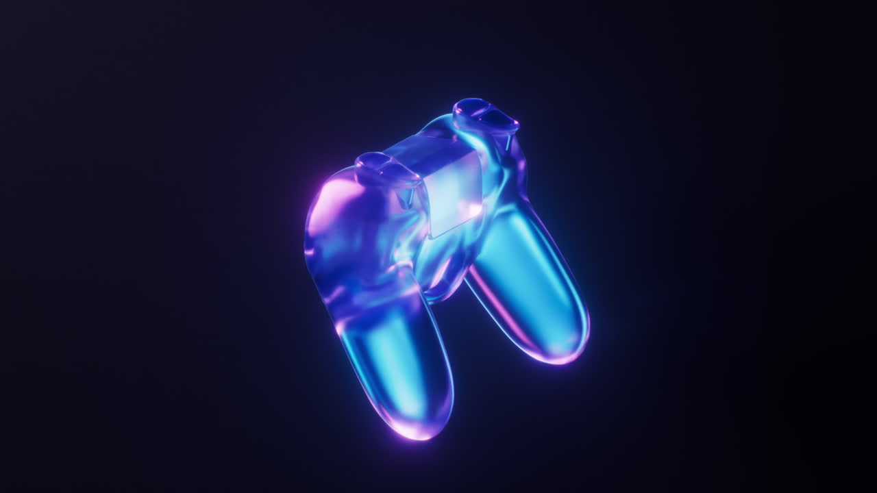 Loop animation of gamepad with dark neon light effect, 3d rendering.