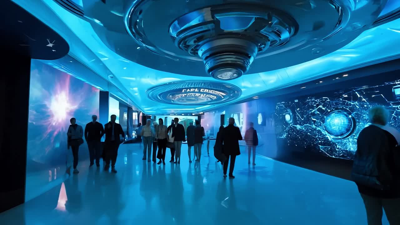 푸른 불빛과 벽에 과학 테마의 디지털 스크린을 가진 미래주의, 우주 테마의 복도를 걸어가는 사람들의 그룹