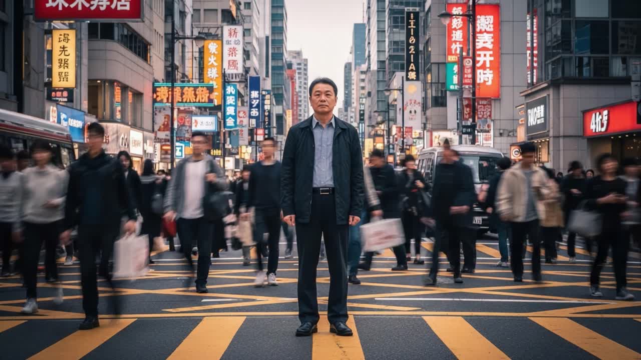 Man Standing Still Amidst a Busy Urban Crowd in an Asian City
