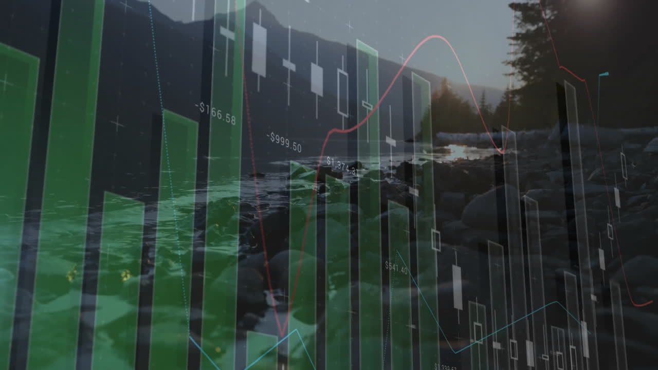 Bar and line graphs animation over serene mountain lake landscape