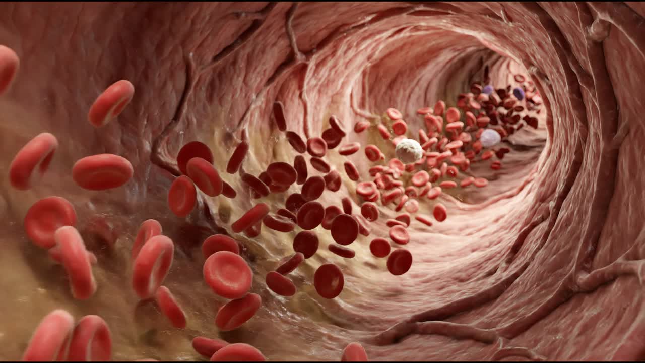 Red blood cells flowing through artery in close up view representing circulation and cardiovascular system function