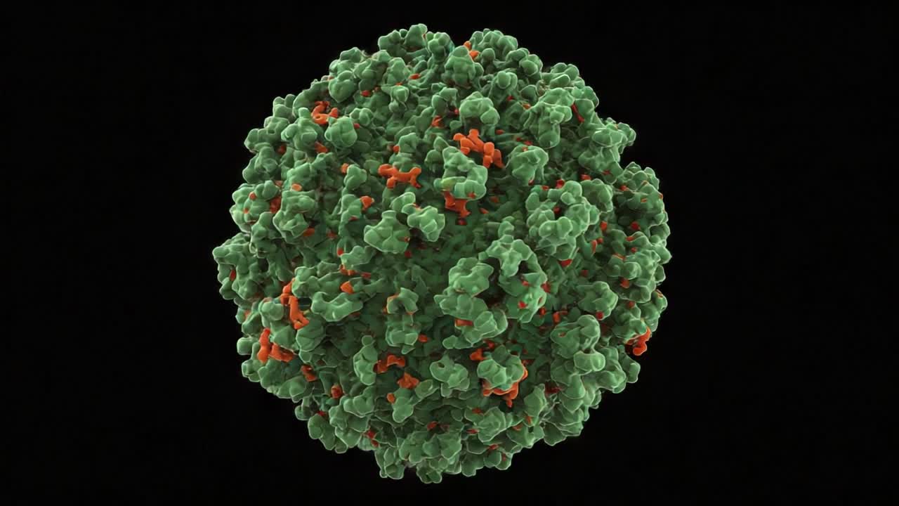 Detailed Visualization of a Spherical Virus Structure with Complex Surface Proteins Represented in Vibrant Green and Orange, Demonstrating Its Intricate Molecular Architecture