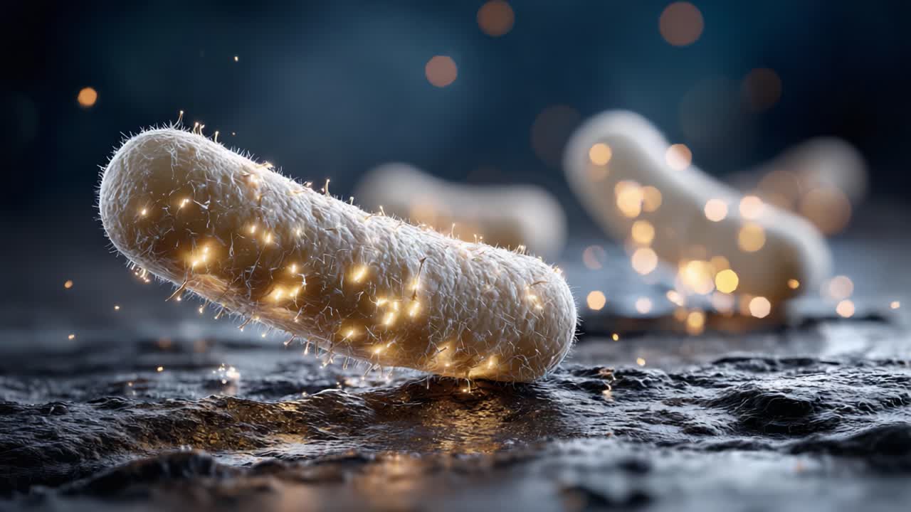 A Captivating Close-up of Glowing Microbial Structures with Sparkling Luminescence on a Dark, Textured Surface, Showcasing the Beauty of Microbiology