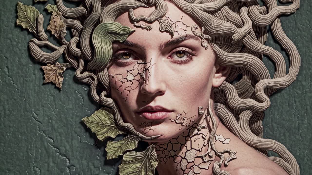 Surreal portrait of mother nature emerging from a background of green leaves and cracked earth, symbolizing environmental fragility and the interconnectedness of life