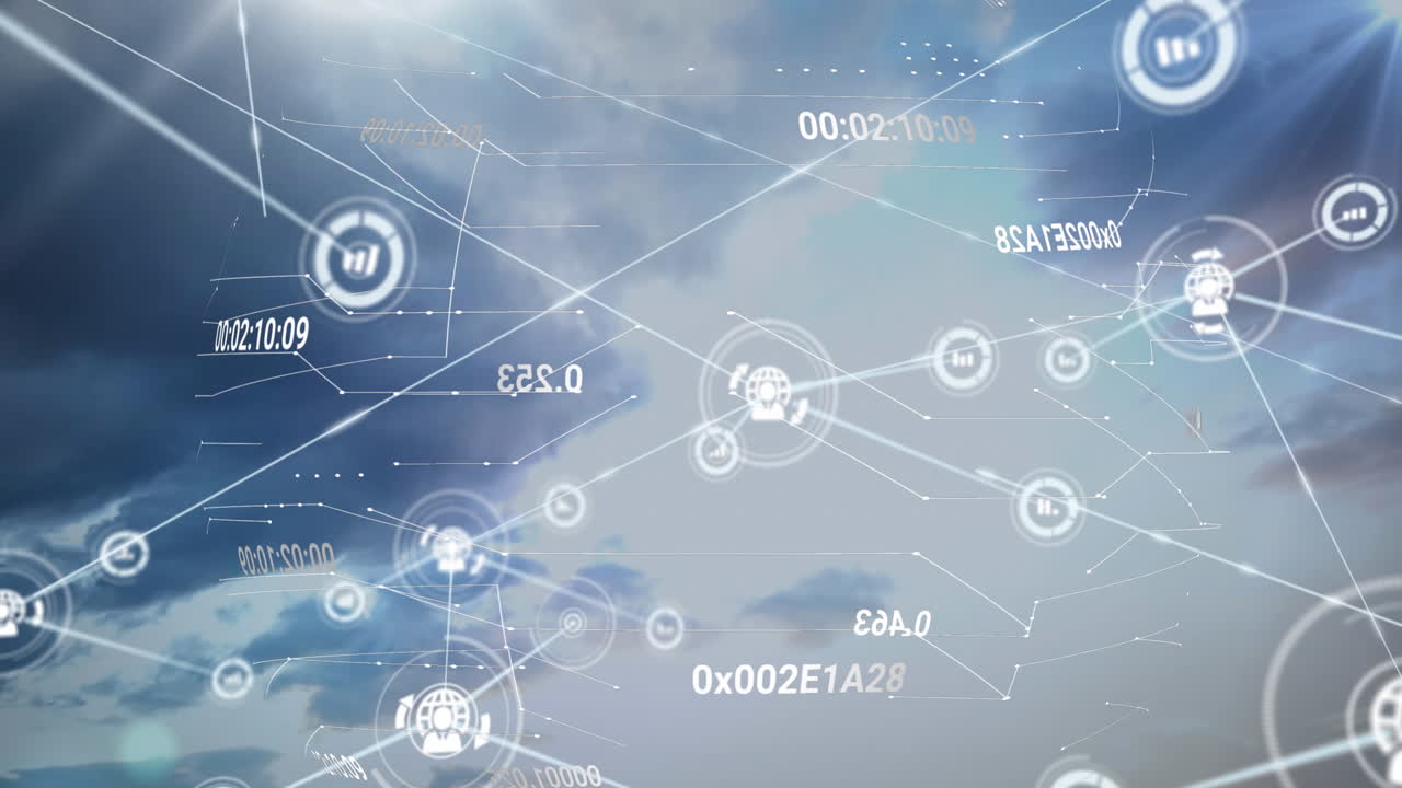 디지털 아이콘 네트워크의 애니메이션과 하늘의 구름에 대해 여러 번 변하는 숫자