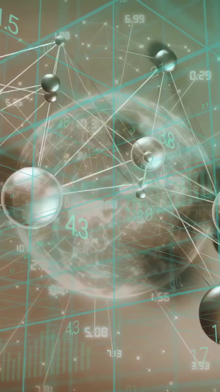Vertical video: Molecular network rotating and shifting as cam panning showing globe and live data