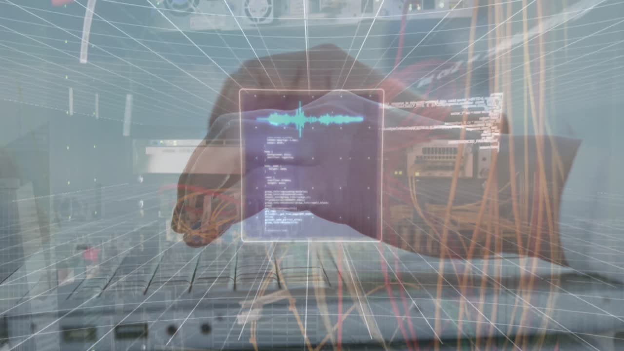 animación del procesamiento de datos financieros sobre el hombre utilizando una computadora portátil.