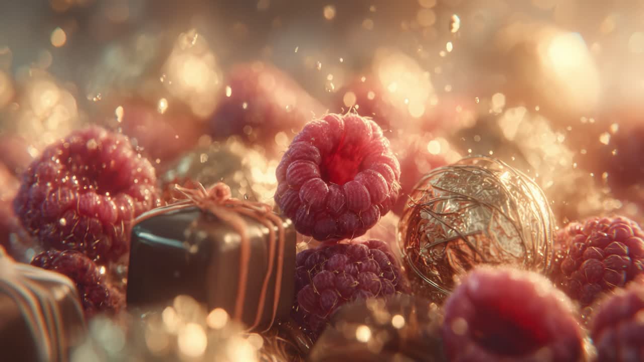 A Luxurious Display of Raspberries, Chocolate Treats, and Sparkling Decorative Elements Creating a Breathtaking Gourmet Experience for Any Celebration