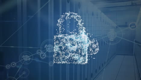 animation of network of connections with globe and padlock over server room