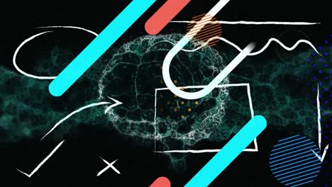 animación digital de formas abstractas coloridas contra el cerebro humano girando sobre un fondo negro