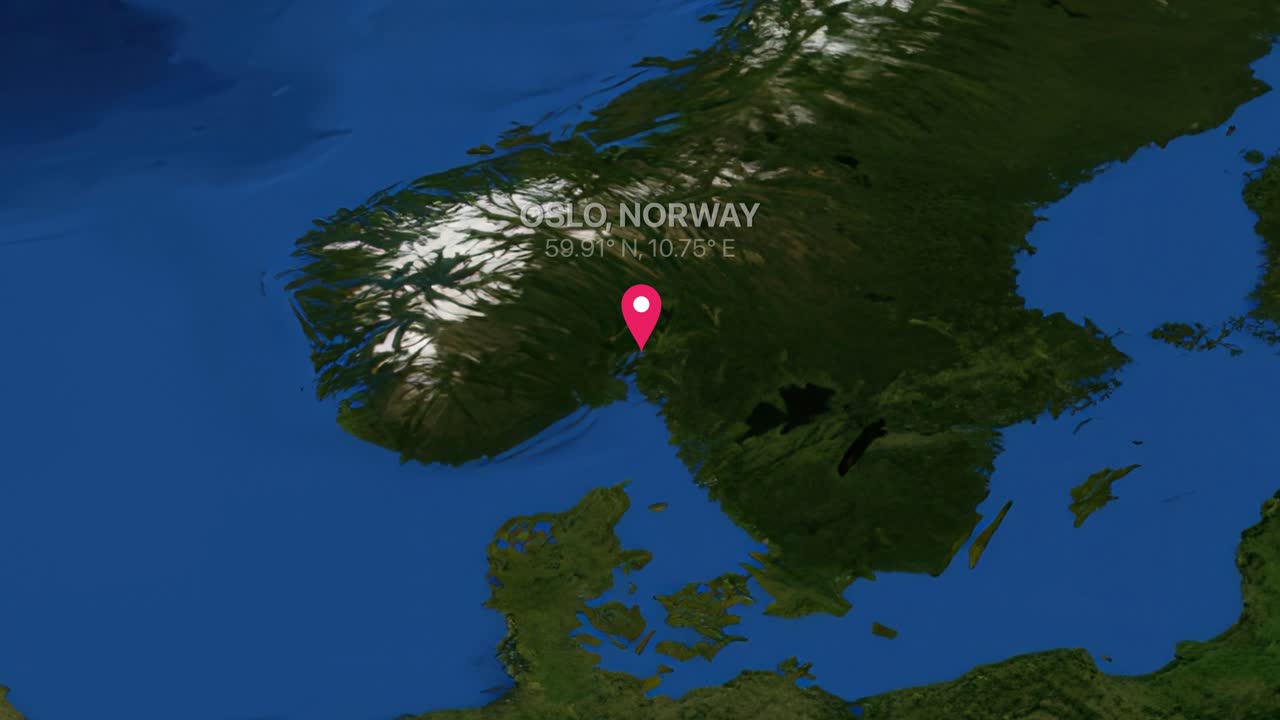 Digital earth render zooms from global perspective into a specific location marker in Oslo Norway