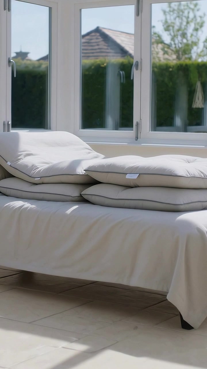 Video verticale: Luce solare che filtra attraverso una finestra a bovindo, cuscini di un divano letto che si posano sulle piastrelle in una veranda.
