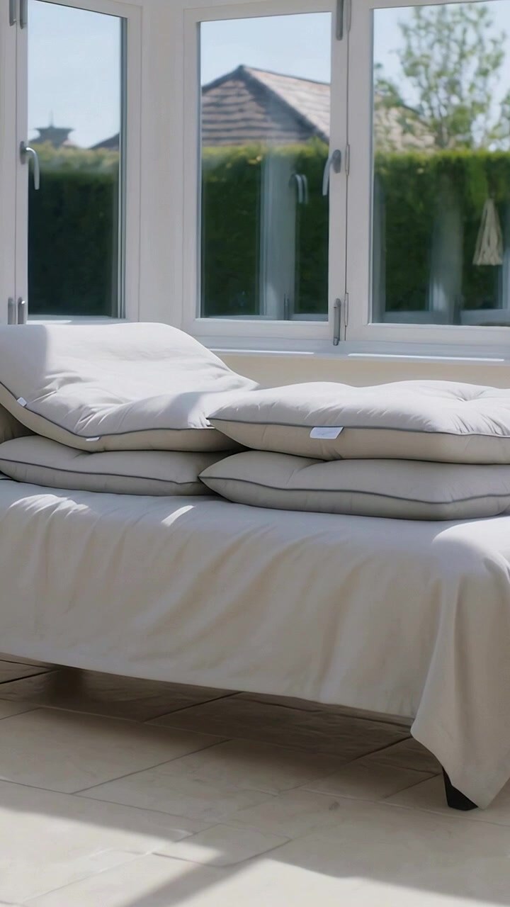 Video verticale: Luce solare che filtra attraverso una finestra a bovindo, cuscini di un divano letto che si posano sulle piastrelle in una veranda.
