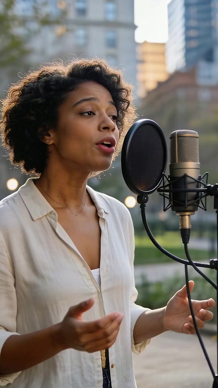 Video verticale: Cantante con un top chiaro che intona una frase in un parco urbano, usando microfono e filtro anti-pop.