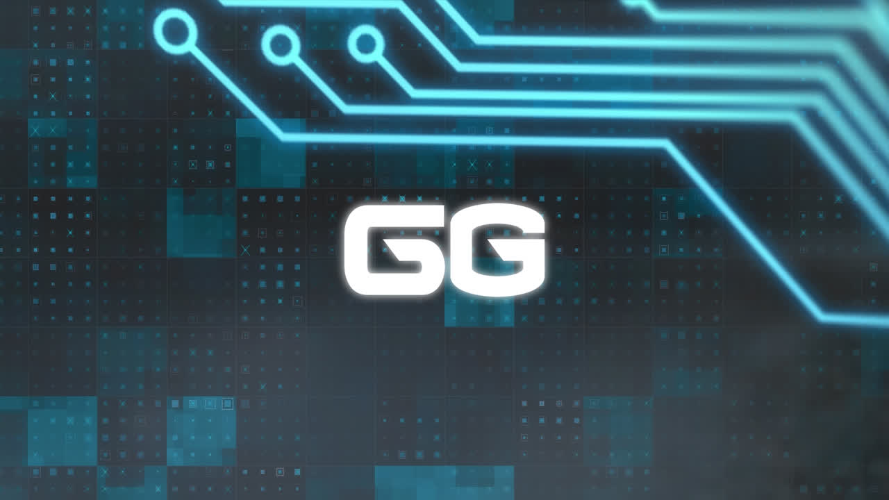 Animation of 6g text over glowing blue processor circuit board elements