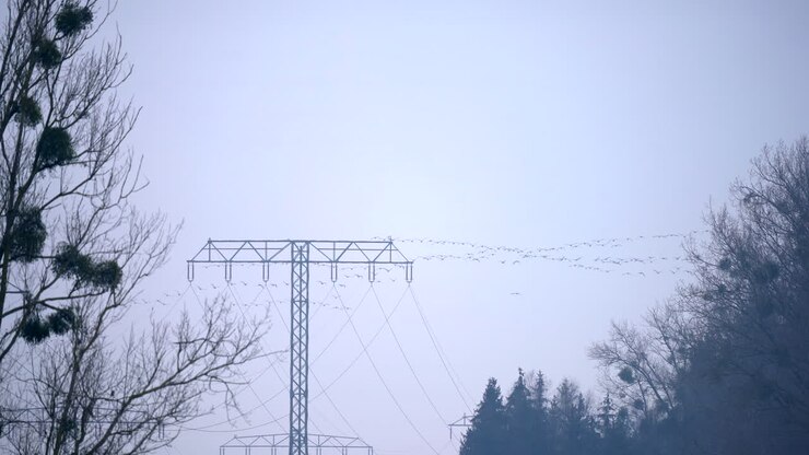 Geese flying in formation over electricity pylons nature reserve, cloudy day