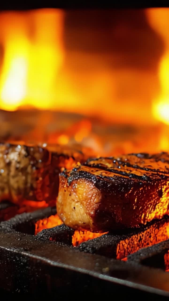 Bistecca alla griglia sfrigolante: un primo piano appetitoso di carne succosa che cuoce sulle fiamme su una griglia a carbone, mostrando una consistenza perfettamente carbonizzata e un aroma delizioso.