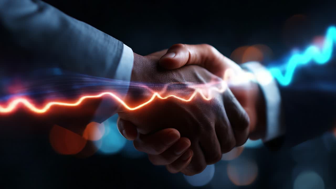 A Powerful Symbol of Partnership: Two Hands Engaging in a Firm Handshake Against a Dynamic Background Featuring Vibrant Colors and Energy Waves Representing Connectivity and Collaboration
