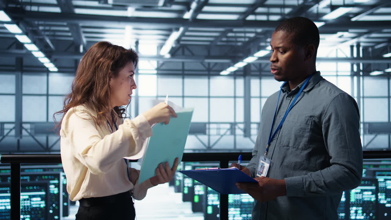 equipo de supervisores del centro de datos leyendo archivos de papeleo