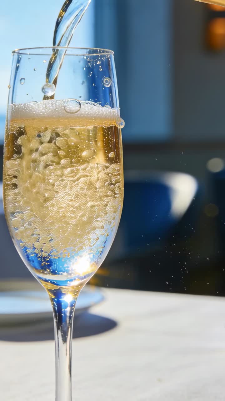 Video verticale: Versamento da una bottiglia che riempie un flûte di champagne trasparente su un tavolo, con schiuma e bollicine che salgono.