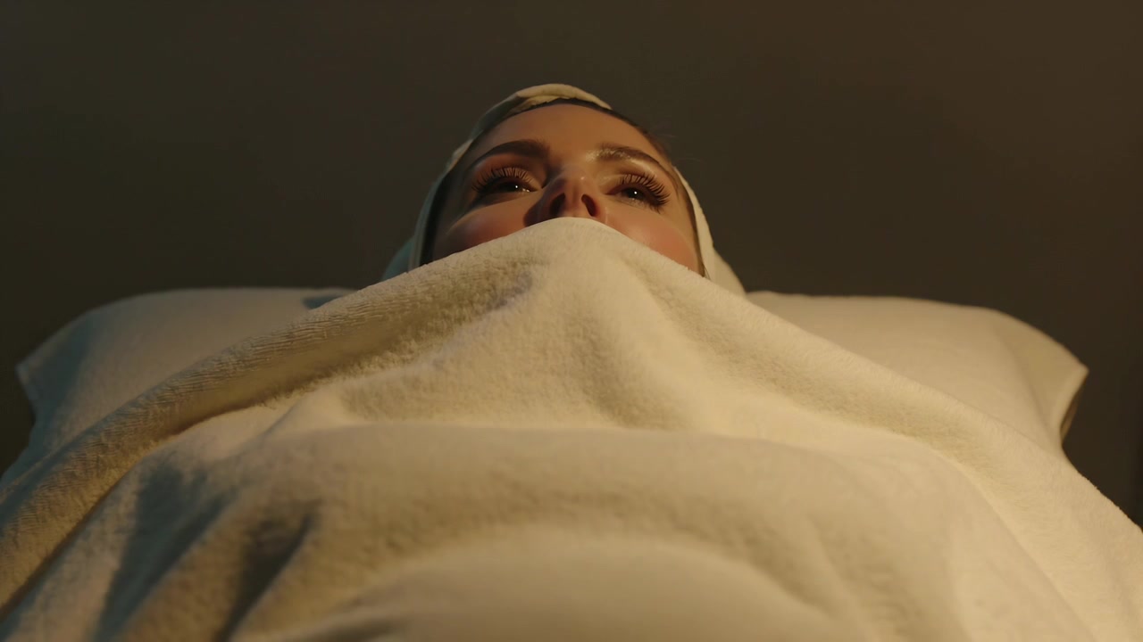 Una donna adulta sdraiata su un lettino in una spa, coperta da un asciugamano e con una fascia per capelli, mentre inizia un trattamento.