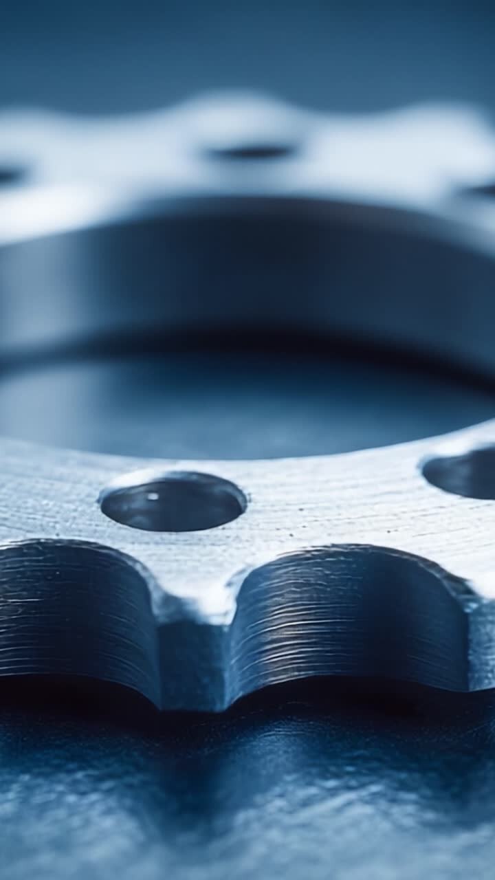 Primo piano di un componente metallico a ingranaggio con superficie texturizzata, che evidenzia l'ingegneria di precisione e la qualità del materiale in un ambiente a bassa illuminazione