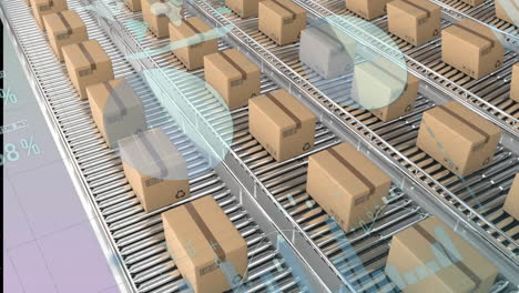 animation of charts and graphs processing data over boxes moving on a warehouse conveyor belts