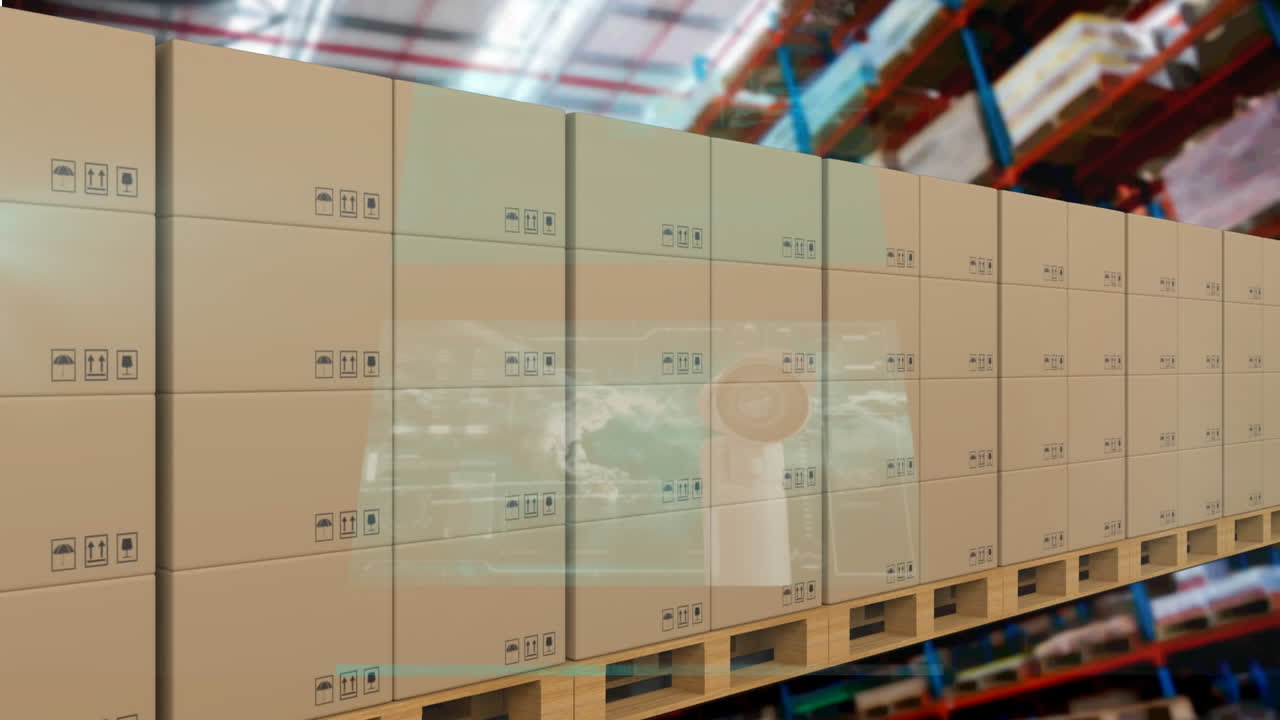Animation of statistics processing over cardboard boxes on conveyor belt in background