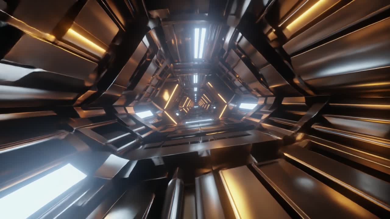 Flying Through a Futuristic Metallic Tunnel with Glowing Lights