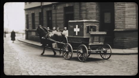 vintage horse-drawn ambulance on city street