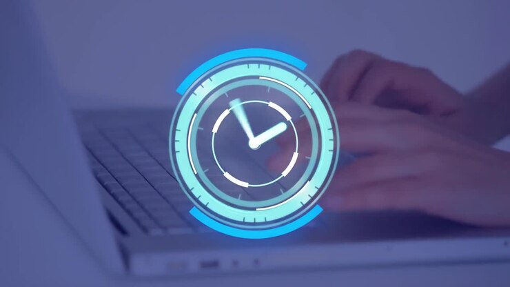 Animation of scope scanning with clock over person using laptop