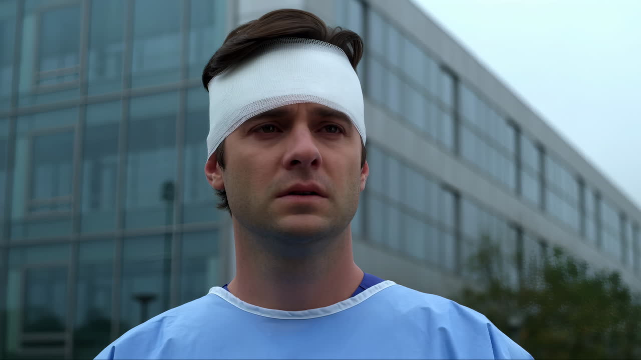 Injured Man with Head Bandage Standing Outside Hospital