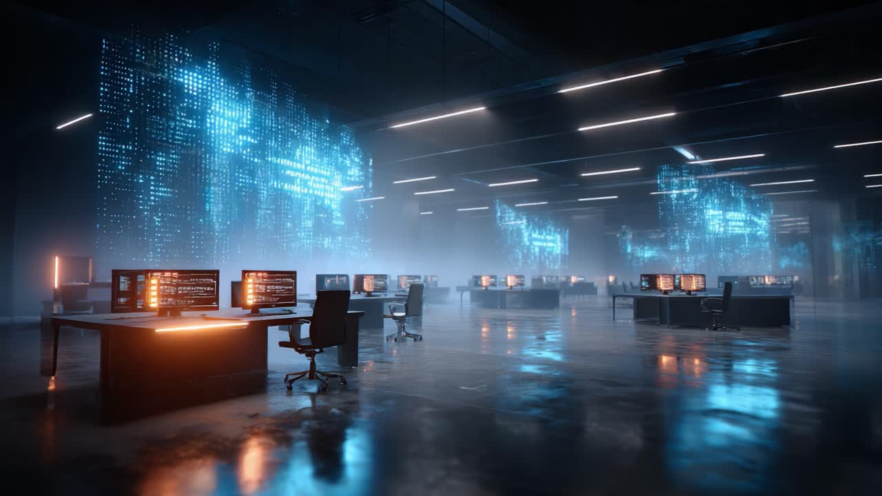 A Modern Tech Workspace Illuminated by Digital Displays: An Engaging Look into a High-Tech Data Center Environment with Futuristic Aesthetics