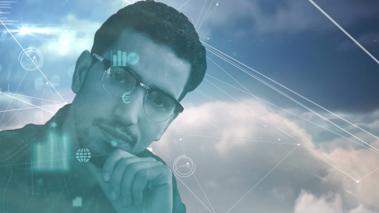 Animation of portrait of man thinking over network of connections and sky with clouds