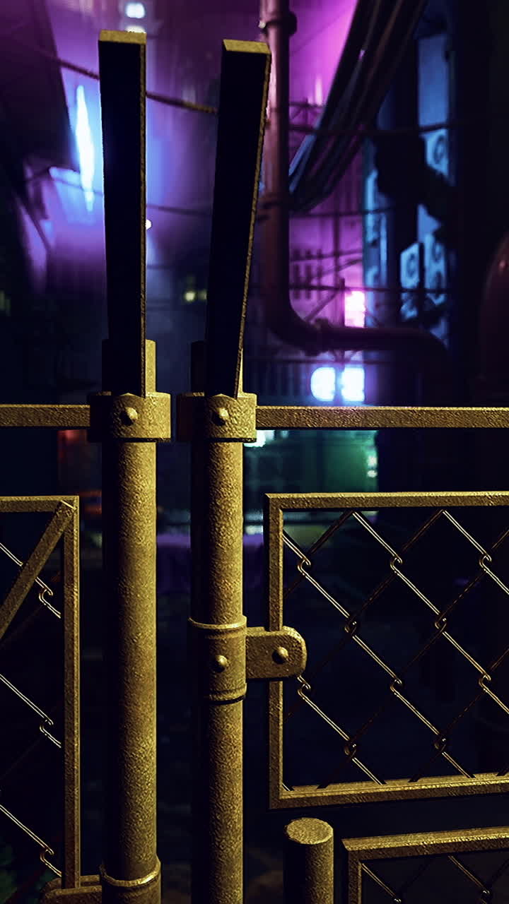 Dimly lit urban alley with a chain link fence at night
