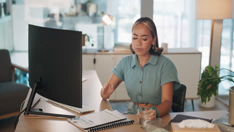 Headache,-office-and-woman-drinking-a-pill-to