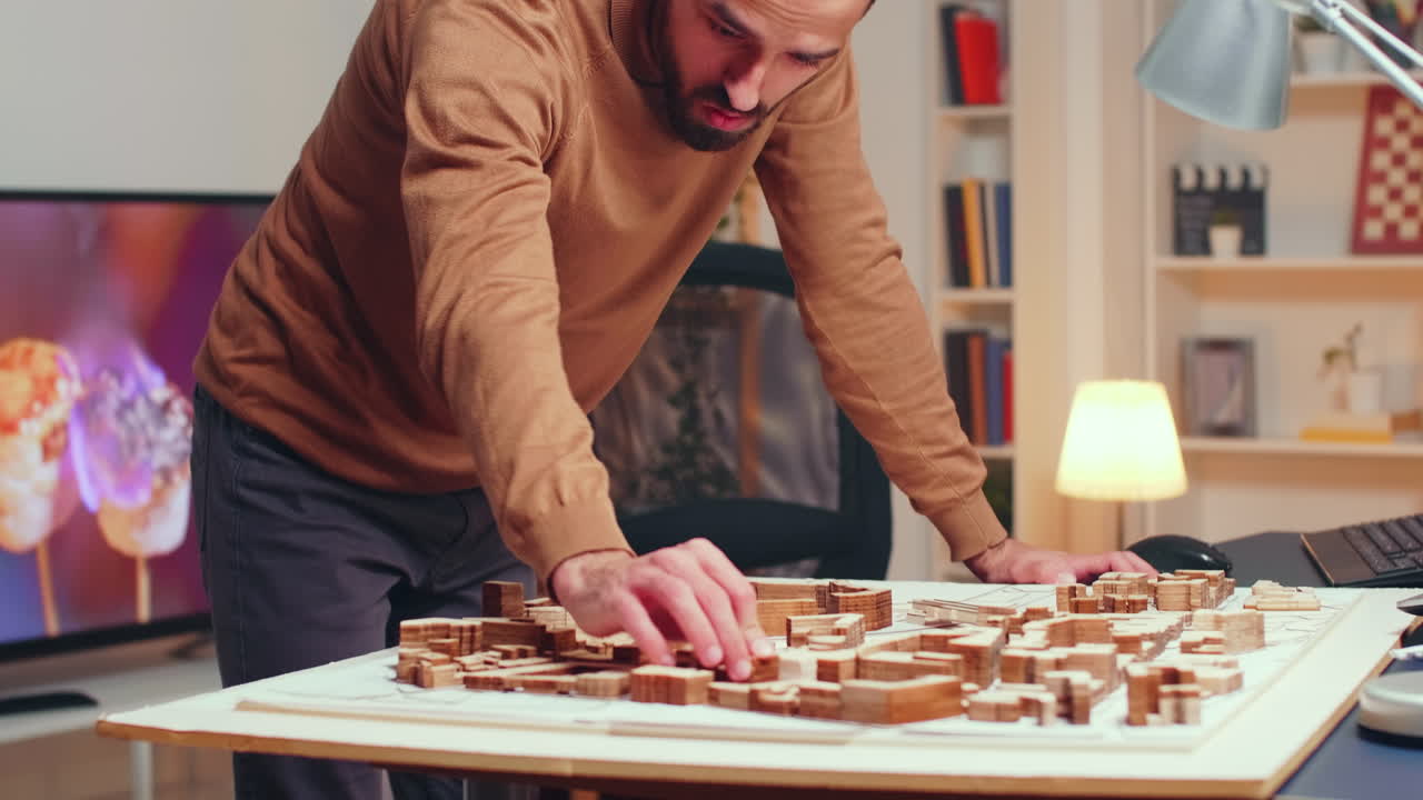Successful architect working at night time in his home office