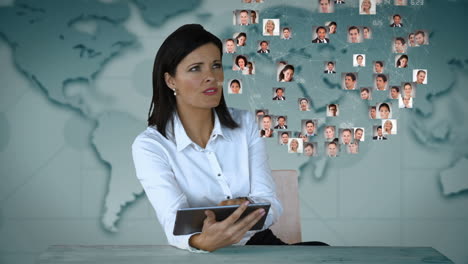 mujer de negocios mirando gráficos digitales 3d