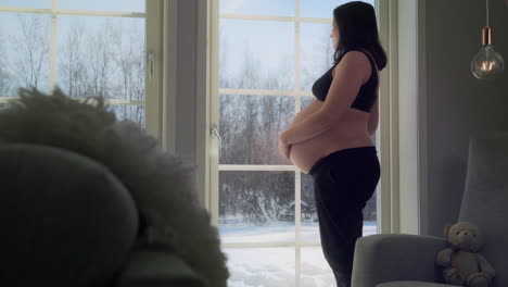 mujer embarazada en sostén esperando al bebé, mirando el paisaje de invierno